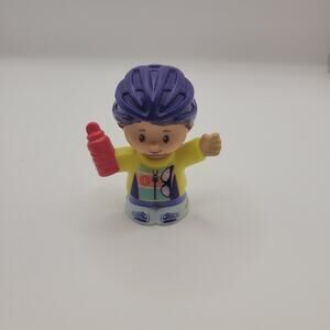 Fisher Price Little People Bicycle Rider Bike Boy Purple Helmet Water Bottle
